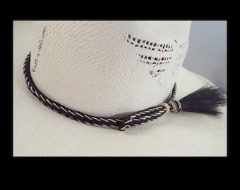 Horsehair hatband, Bolder-black/white,  horsehair hatband, mulit- strand braid with Side tassels, horsehair Cowboy hatband, Western hat band