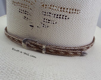 Cinnamon-white Horsehair hat band, fancy Silver Side buckle, Cowboy hat band,  3  strand narrower designed