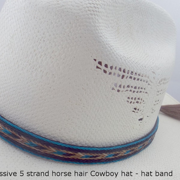 Banda para sombrero de vaquero, banda para sombrero de crin, color canela-turquesa, borla doble de crin, banda para sombrero western, más ancha, diseño original, fácil de ajustar