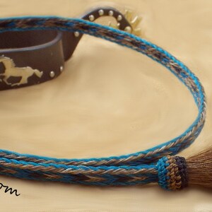 May include: A turquoise, brown, and beige braided leather horse halter with a brown horsehair tassel. The halter has a silver buckle with a horse silhouette.