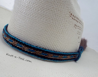 Rosshaar Hutband, Zimt-Türkis, Rosshaar, Cowboy Hutband aus Pferdehaar, lg Side Quaste, Cowboy Hutband aus Pferdehaar, Western Hutband