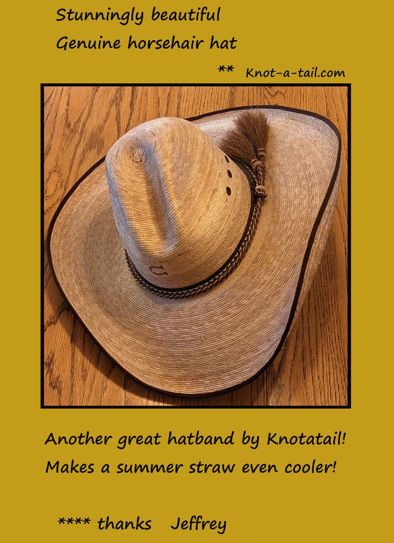 May include: A brown straw cowboy hat with a brown horsehair hatband. The hat has a black band around the brim and a brown leather band around the crown. The hat is sitting on a wooden surface.