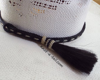 Fascia per cappello da cowboy in crine di cavallo fatta a mano, nera e bianca con nappa laterale, stile Western Rodeo