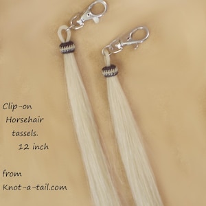 Peut inclure: Deux glands en crin de cheval blanc avec des nœuds tressés brun et blanc en haut. Chaque gland est attaché à un clip argenté. Les glands mesurent 30,5 cm de long.  Clip-on Horsehair tassels. 12 inch from Knot-a-tail.com