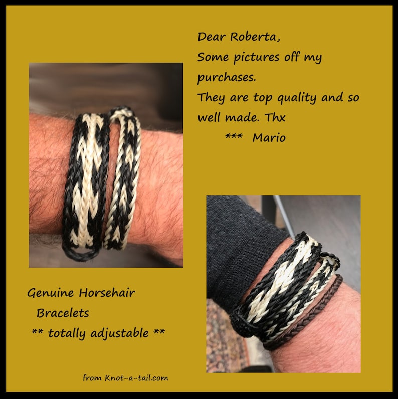 Puede incluir: Dos pulseras de cuero trenzado en blanco y negro en la mu&ntilde;eca de una persona. Las pulseras son ajustables y est&aacute;n hechas de crin de caballo genuino. El texto "Genuine Horsehair Bracelets ** totally adjustable ** from Knot-a-tail.com" est&aacute; en la parte inferior de la imagen.