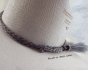 Horsehair hatband, Natural gray with a black  edge, hatband, Multi- strand braid, 2 Side tassels, horsehair Cowboy hatband, Stunningly BOLD