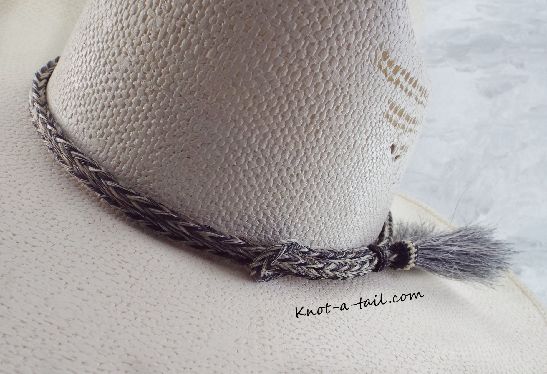 Horsehair hatband, Natural gray with a black edge, hatband, Multi- strand braid, 2 Side tassels, horsehair Cowboy hatband, Stunningly BOLD