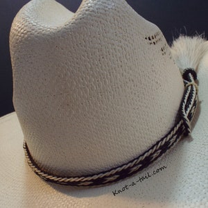 BOLDEST, horsehair hat band, WHITE Side tassel, BLACK-white design, horsehair Cowboy hat band, Western hat band,  Rodeo, Black hat perfect!