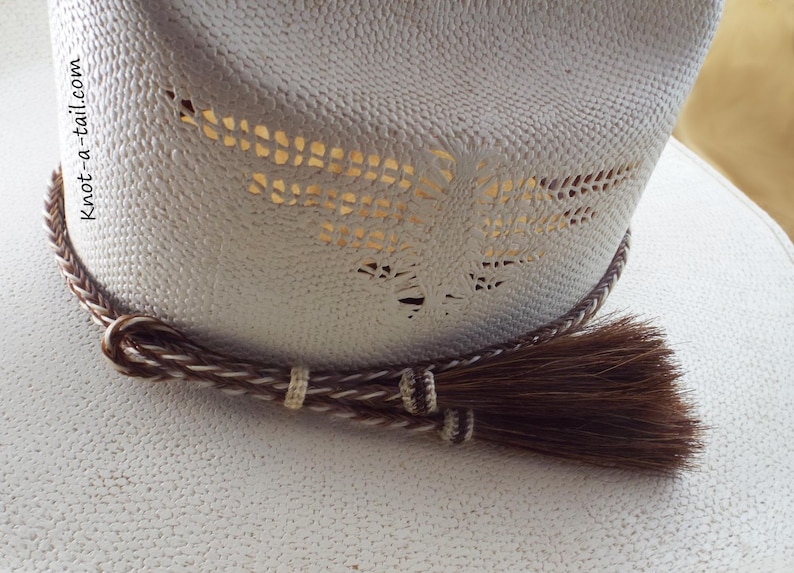 Cinnamon-White Horsehair Hatband, Braided Cowboy Hat Band, Tassel Accent image 12