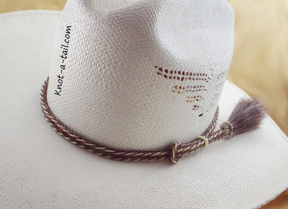 Cinnamon-White Horsehair Hatband, Braided Cowboy Hat Band, Tassel Accent
