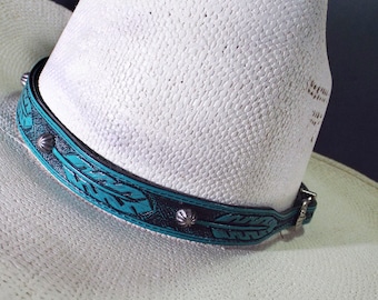 Leather hat band, Turquoise, Feather design, leather hat band, IMPRESSIVE, Turquoise or Brown,  Cowboy hat band, Rodeo, Stetson PERFECT