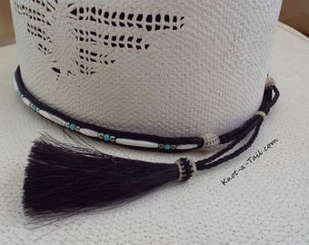 Bone beaded, Horsehair hat band, Cowboy horsehair hat band, hand-made, bone -bead  trimmed, Horse hair tassels , Cowboy  hat band, Rodeo