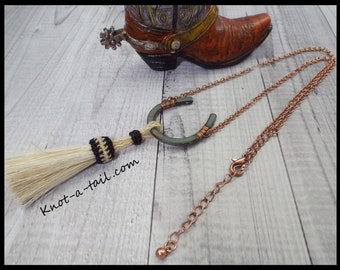 Horsehair tassel necklace, Horse shoe concho, horsehair tassel, copper chain, Horse lover's necklace, White Mini  tassel necklace