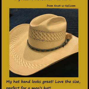 May include: A straw hat with a horsehair hat band. The hat band is brown with a turquoise trim. The hat is white with a woven pattern.