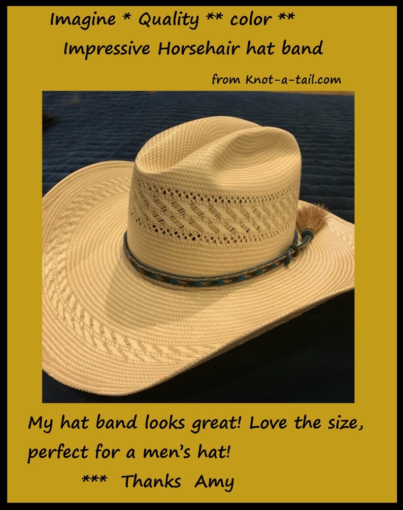 May include: A straw hat with a horsehair hat band. The hat band is brown with a turquoise trim. The hat is white with a woven pattern.