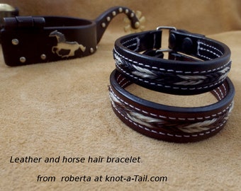 Pulseira de couro PRETO, pulseira de couro e crina de cavalo, trança de crina de cavalo incrustada, beleza, amantes de cavalos, presente equestre, serve em 7,5 / 8,5"