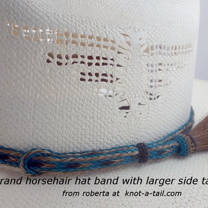 May include: A white cowboy hat with a brown and blue horsehair hat band with tassels. The hat band is braided with three strands of horsehair. The hat has a decorative pattern on the crown.