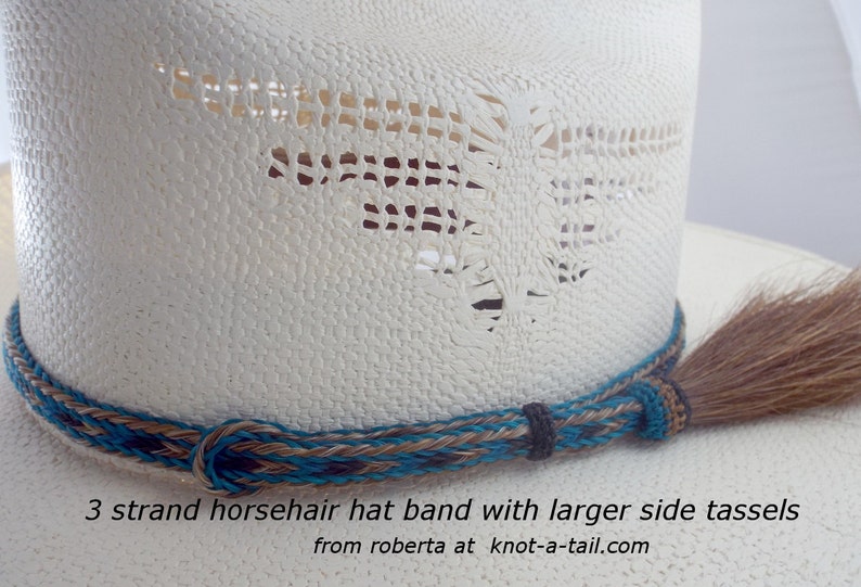 May include: A white cowboy hat with a brown and blue horsehair hat band with tassels. The hat band is braided with three strands of horsehair. The hat has a decorative pattern on the crown.