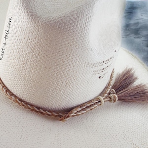 Cinnamon-White Horsehair Hatband, Braided Cowboy Hat Band, Tassel Accent image 9