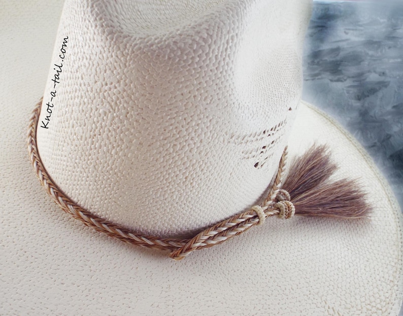 Cinnamon-White Horsehair Hatband, Braided Cowboy Hat Band, Tassel Accent image 9