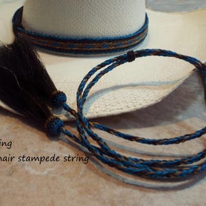 May include: A white cowboy hat with a blue and brown braided hatband, accompanied by a matching braided horsehair stampede string featuring two dark brown horsehair tassels. The text "Stunning Horsehair stampede string" is visible on the left.