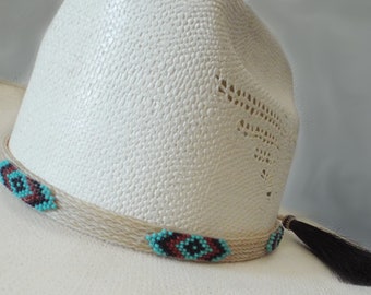 Hat band, beaded on White horsehair hat band, BOLDEST colors,  Western horsehair hat band, Cowboy hat band, Rodeo hat band, Southwest design