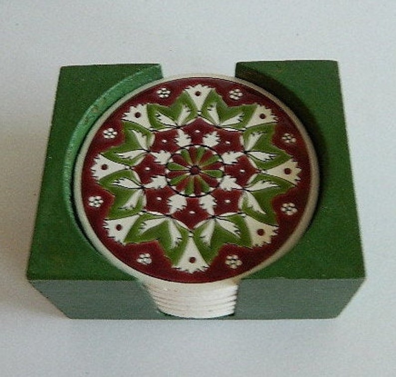 Ceramic Tile Coaster Set 6 Round Ceramic Coasters Wood Stand Etsy