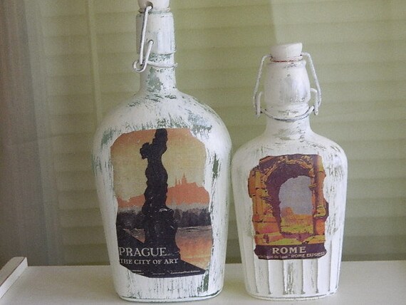 Painted Vintage Glass Bottles Set Of 2 Decoupage Liquor Etsy