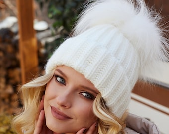 Double Pom FOX fur Beanie Women, 2 Pom FOX Fur Knit Winter Warm Fleece lined Hat, Snow Outdoor Ski Cap, Pom Hat, Winter Hats Women, knit Hat