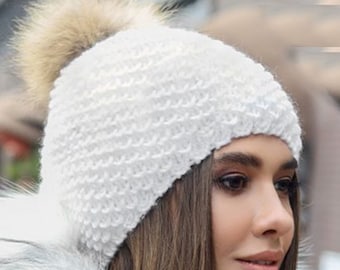 Fleece-Lined Slouchy Beanie with  Pom Pom, Lurex Thread