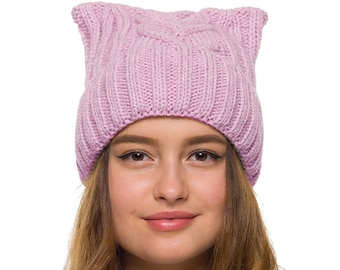 Pink Wool Knit Cat Ear Beanie, Fleece Lined