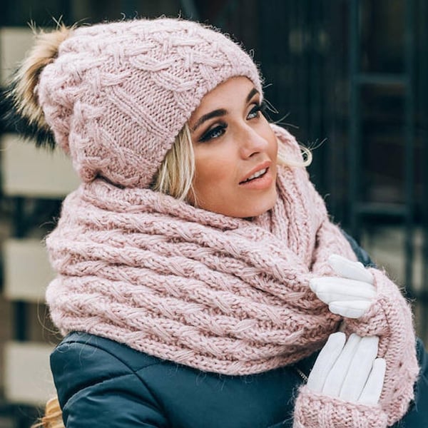 Pom Pom Mütze gefüttert mit Fleece Fäustlinge Infinity Schal Set Rosa Pelz Pom Pom Mütze Wintermütze Schal Fäustlinge Handschuhe Set, Geschenk für Frau