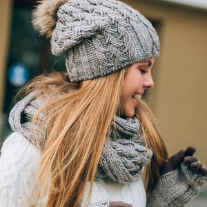 Ensemble bonnet écharpe et gants, ensemble bonnet écharpe, bonnet écharpe mitaines-chapeau écharpe femme-bonnet d'hiver à pompons doublé de polaire mitaines gants écharpe Brown Gray