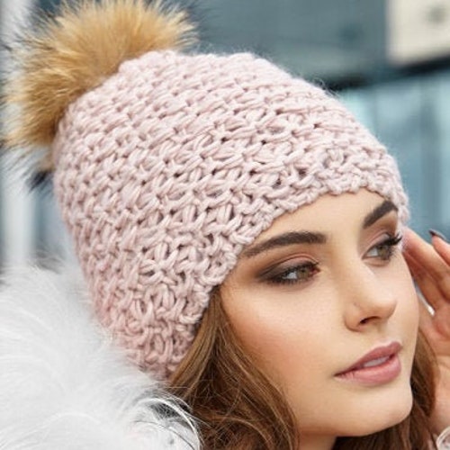 Removable Winter Hat Warm Real Fur Pom Pom Bobble Women Knitted Beanie Christmas