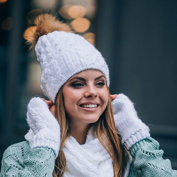 Winter hat scarf and gloves set-Pom pom beanie infinity scarf gloves set-Mittens Gloves Scarf Pom Pom hat set-Fur pom pom hat scarf mittens