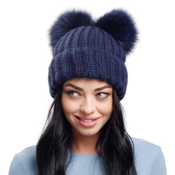 Double Pom Pom Beanie Faux Fur Knit Hat 