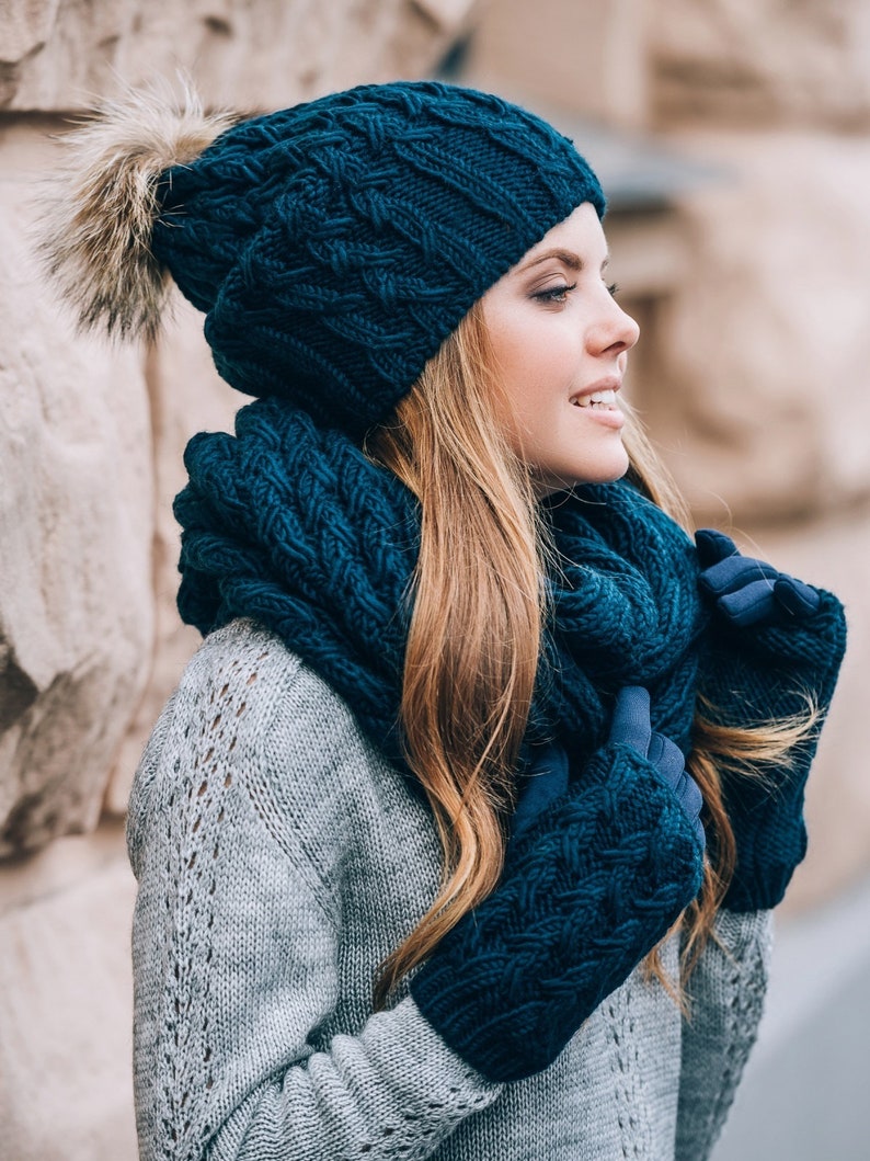 Winter hat scarf and gloves set-Pom pom beanie infinity scarf Dark Blue