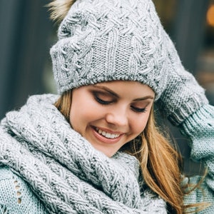 Hat Scarf Gloves Set, Hat Scarf Combo, Hat Scarf Mittens-Hat Scarf Womens-Winter pom pom slouchy hat lined with fleece Mittens Gloves Scarf Light Gray