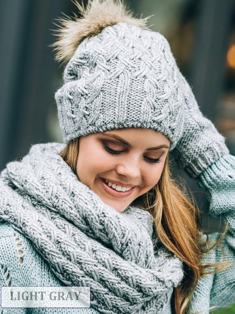 Hat Scarf Gloves Set, Hat Scarf Combo, Hat Scarf Mittens-Hat Scarf Womens-Winter pom pom slouchy hat lined with fleece Mittens Gloves Scarf Light Gray