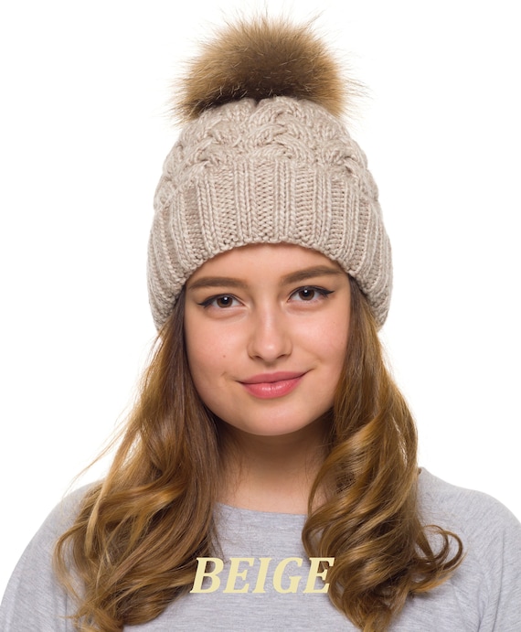 Fur Pom Pom Fleece Lined Beanie Pom Pom Hat Knit Beanie 