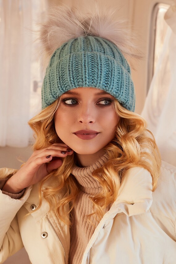 Double Pom FOX Fur Beanie Women 2 Pom FOX Fur Knit Winter Warm