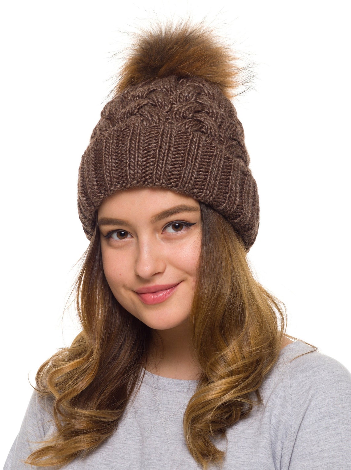 Fur pom pom fleece lined beanie Pom Pom Hat Knit beanie Etsy