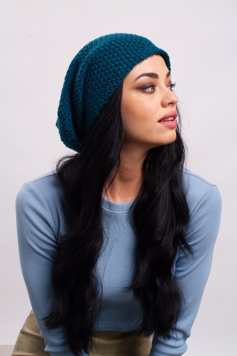 Slouchy Beanie with Cotton Lining Big Hair Cotton Lined Beanie Bad Hair Day Beanie Chemo hats for women Spring Summer Beanie Hat Green