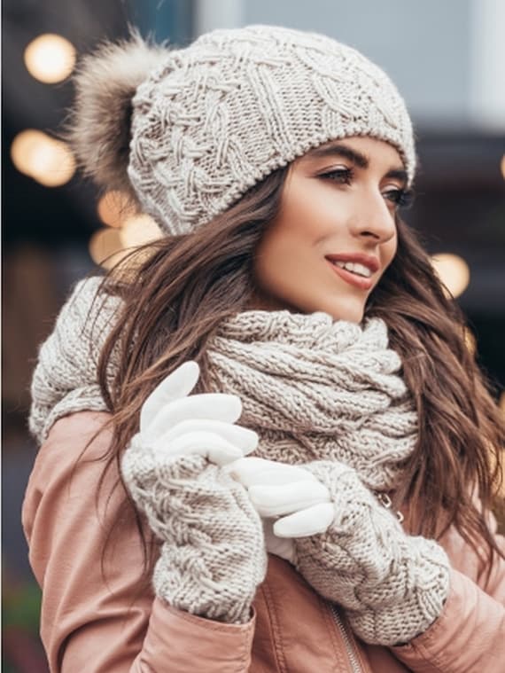 Ensemble Hiver Bonnet Pompon Écharpe Chaude Doublure en Polaire