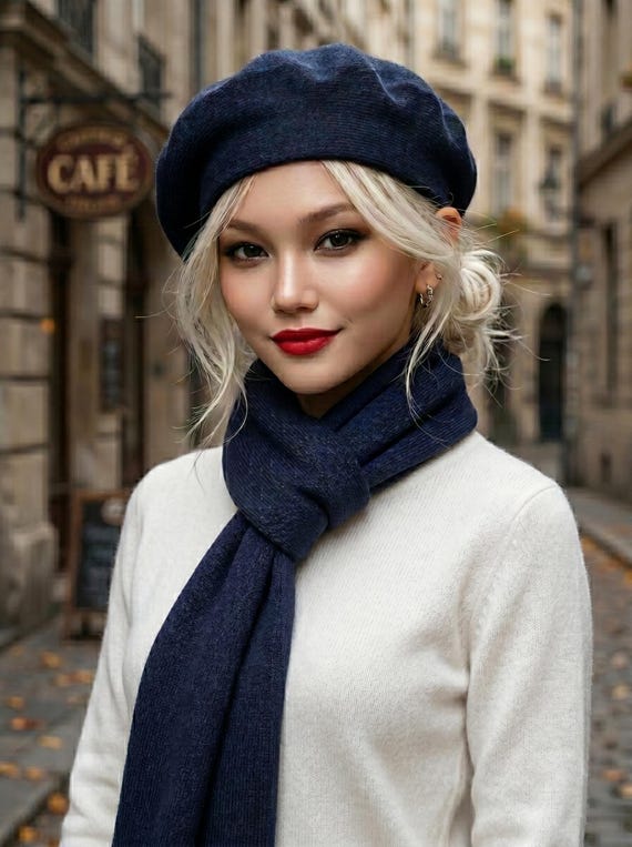 Black Knit Beret Scarf Set, Wool Blend French Tam, Fall Winter