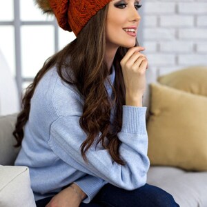 Graue Slouchy Mütze Pelz Bommel Mütze Beanie Grobstrick Mütze mit Fleece Frauen Wintermütze Weihnachtsgeschenk Strickmütze Pelz Bommel Mütze Mütze Terracotta