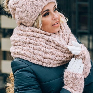 Ensemble bonnet écharpe et gants, ensemble bonnet écharpe, bonnet écharpe mitaines-chapeau écharpe femme-bonnet d'hiver à pompons doublé de polaire mitaines gants écharpe Rose