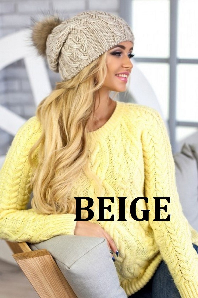 Graue Slouchy Mütze Pelz Bommel Mütze Beanie Grobstrick Mütze mit Fleece Frauen Wintermütze Weihnachtsgeschenk Strickmütze Pelz Bommel Mütze Mütze Beige