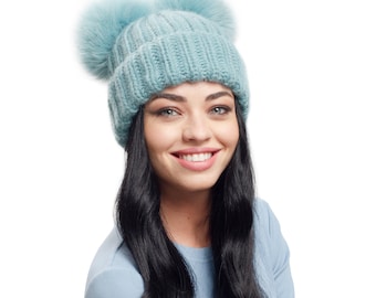 Sombrero de pompón doble, gorro de pompón doble de piel sintética, sombrero forrado de vellón, sombrero de pompón, sombreros de punto grueso, ropa de esquí, gorro de esquí, sombreros de moda