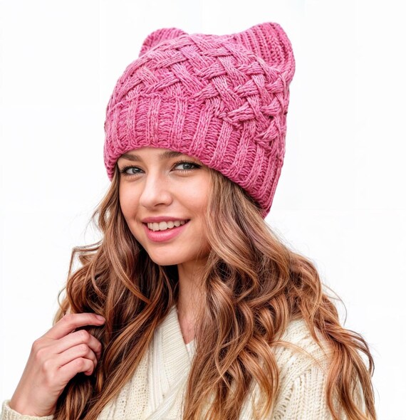 Nevertheless She Persisted hot pink Barbie core pussycat union made USA knit hat Hot Pink Crochet Pussy Hat: Cat Ear Flap Cap, Women main image 4